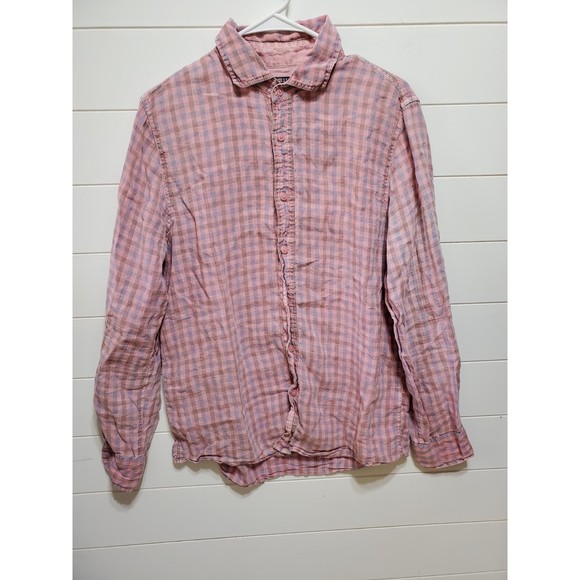 Fiji Tops - Fiji womens size M long sleeve button up 100 linen pink light blue checkered